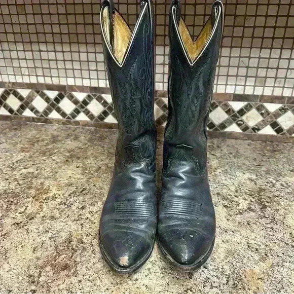 Dan Post Black Men’s Cowboy Boots 9D Western Pull On Boots Embroidered Rodeo - Picture 4 of 10